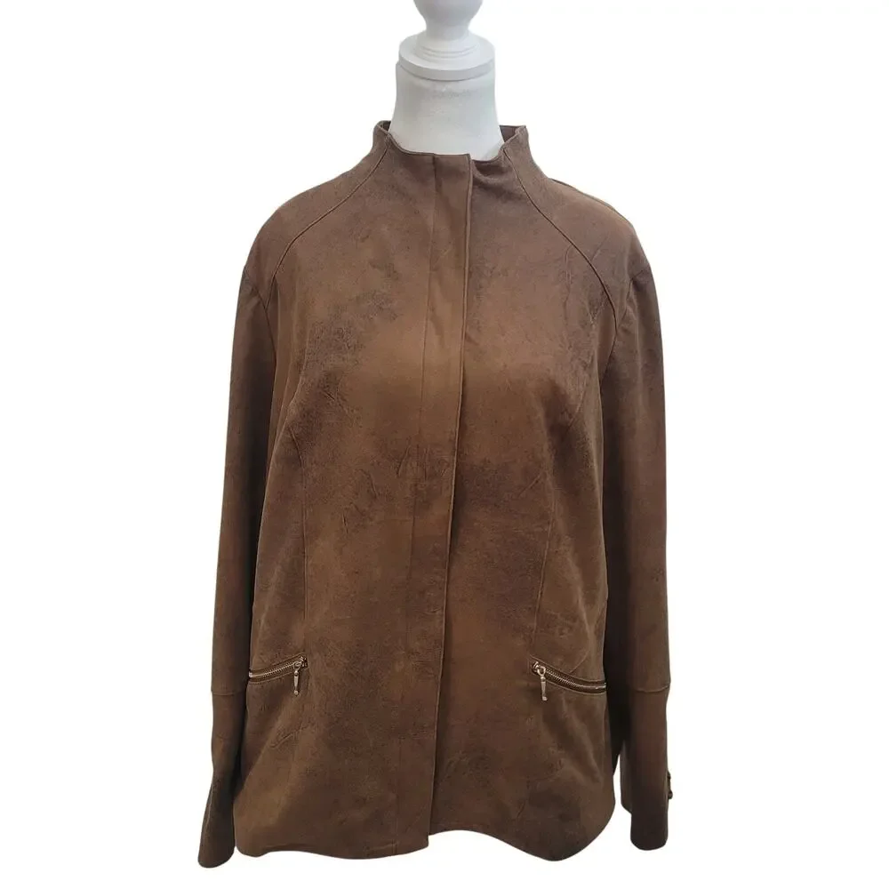 Chico's Size 2 US 12/14 Suede Moto Jacket‎ Brown Faux Leather Western Minimalist